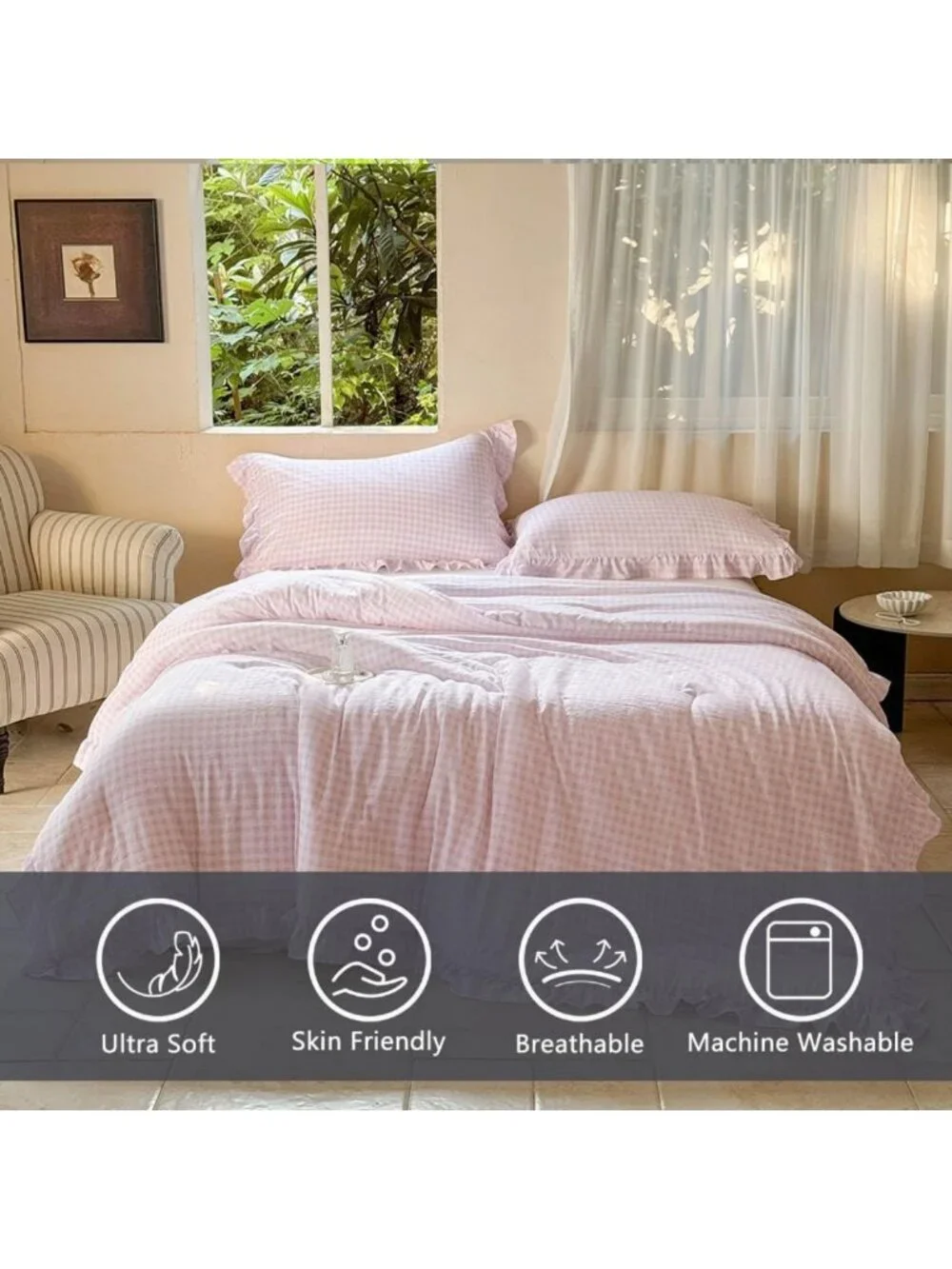 Cozy Pink Gingham Queen Comforter Set | Soft Bedding, Stylish Home Decor